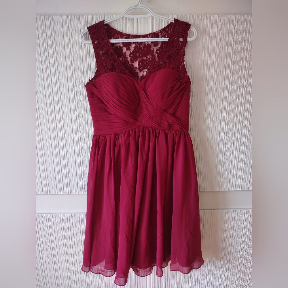 JJs House Burgundy Lace Chiffon A-Line Prom Dress